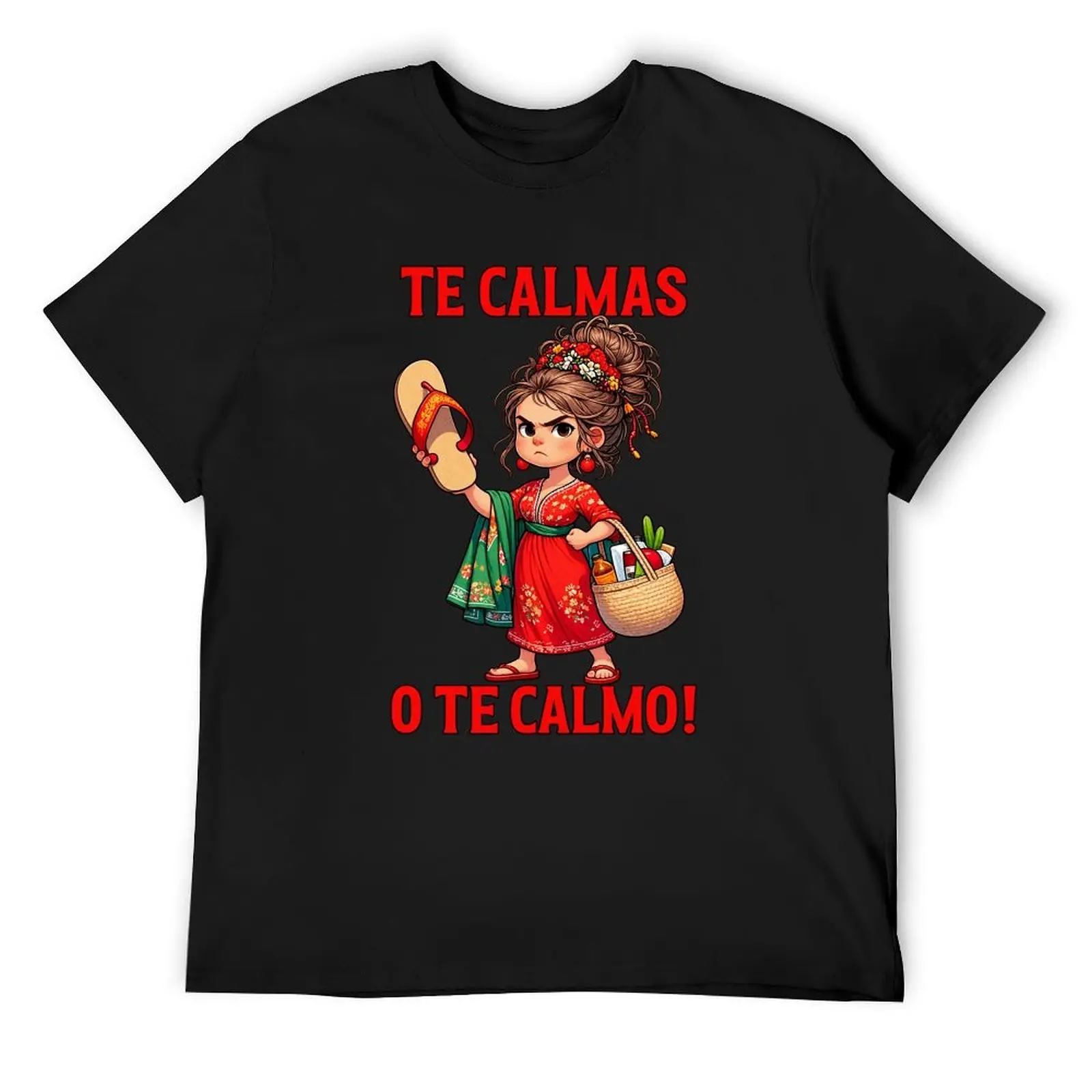 T-Shirts Te Calmas O Te Calmo Chancla Graphic Shirt, Funny Mexican Mom Humor Tee, Latino Family Joke Spanish Saying T Shirt, Black White Short Sleeve Crew Neck Casual Top
