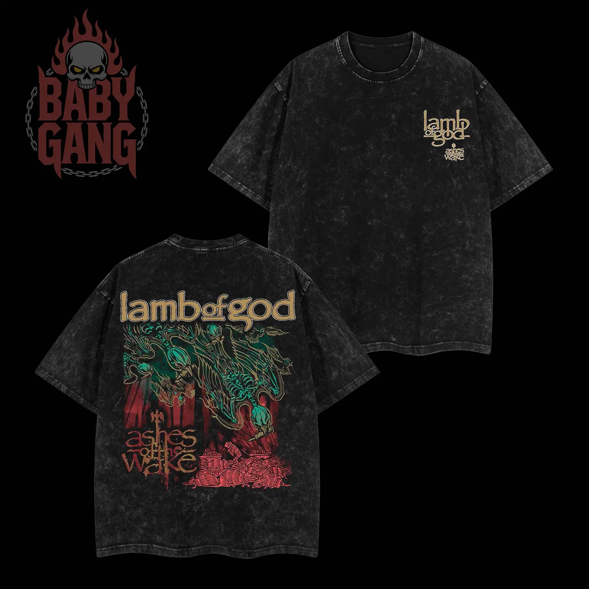 [Baby Gang] Lamb Of God Heavy Metal Band Vintage Heavy Washed Men's T-shirt Unisex Oversize Rock Heavy Metal Band Cotton Gift For Rock Music Lovers Grunge Y2K Outfits Vintage 90s Graphic