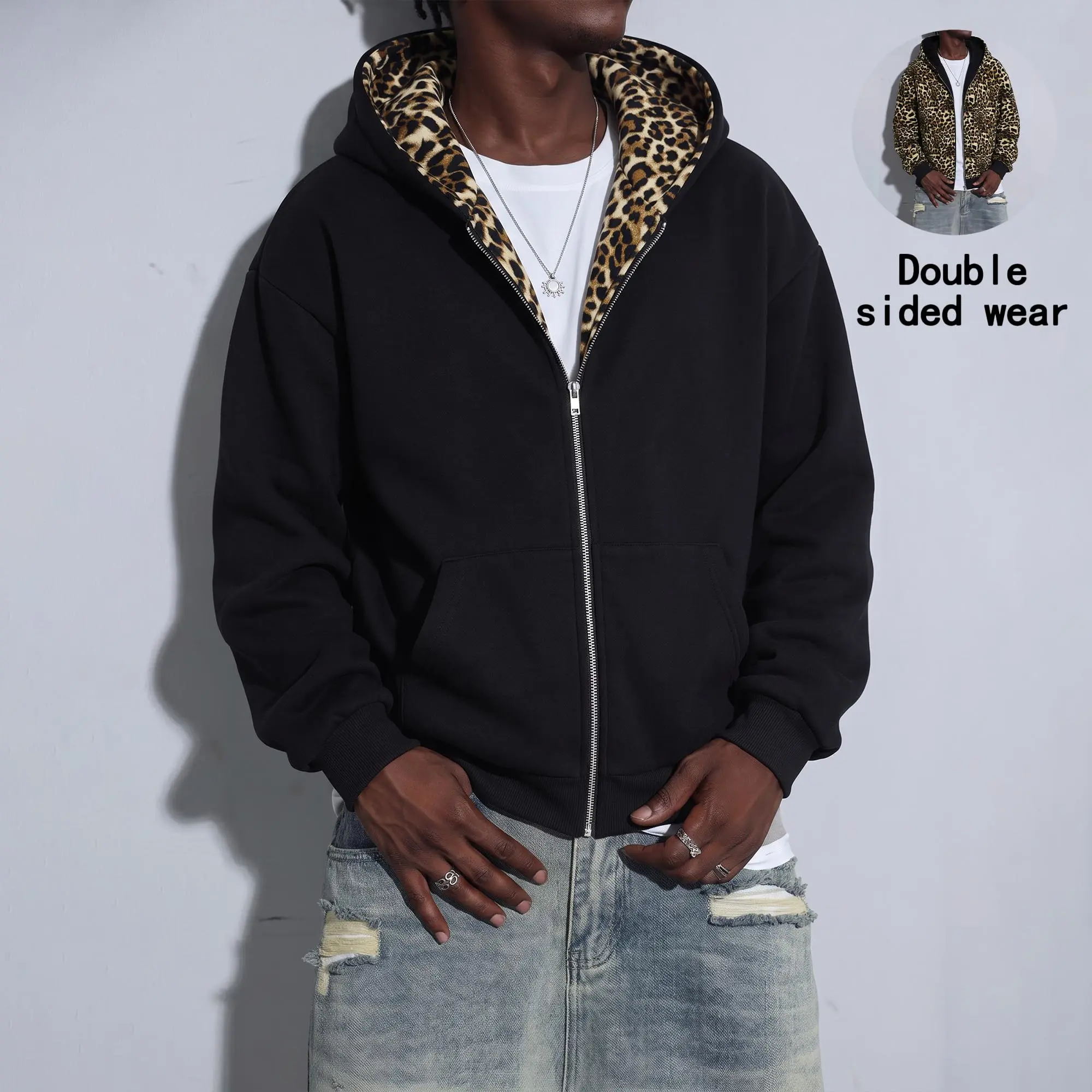 Men’s cotton zip-up hooded jacket with leopard print lining, reversible hoodie jacket for both front and back wear, loose long-sleeve street casual top with pockets