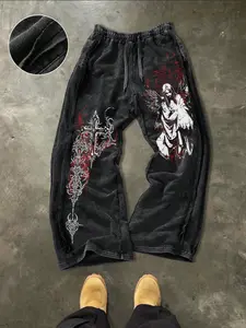 Men's Casual Loose Cotton Sport Pants, Athleisure Style Bottoms, Blood Angel Pattern, European Floral Print, Perfect for Parties, Home Comfort, Street Style