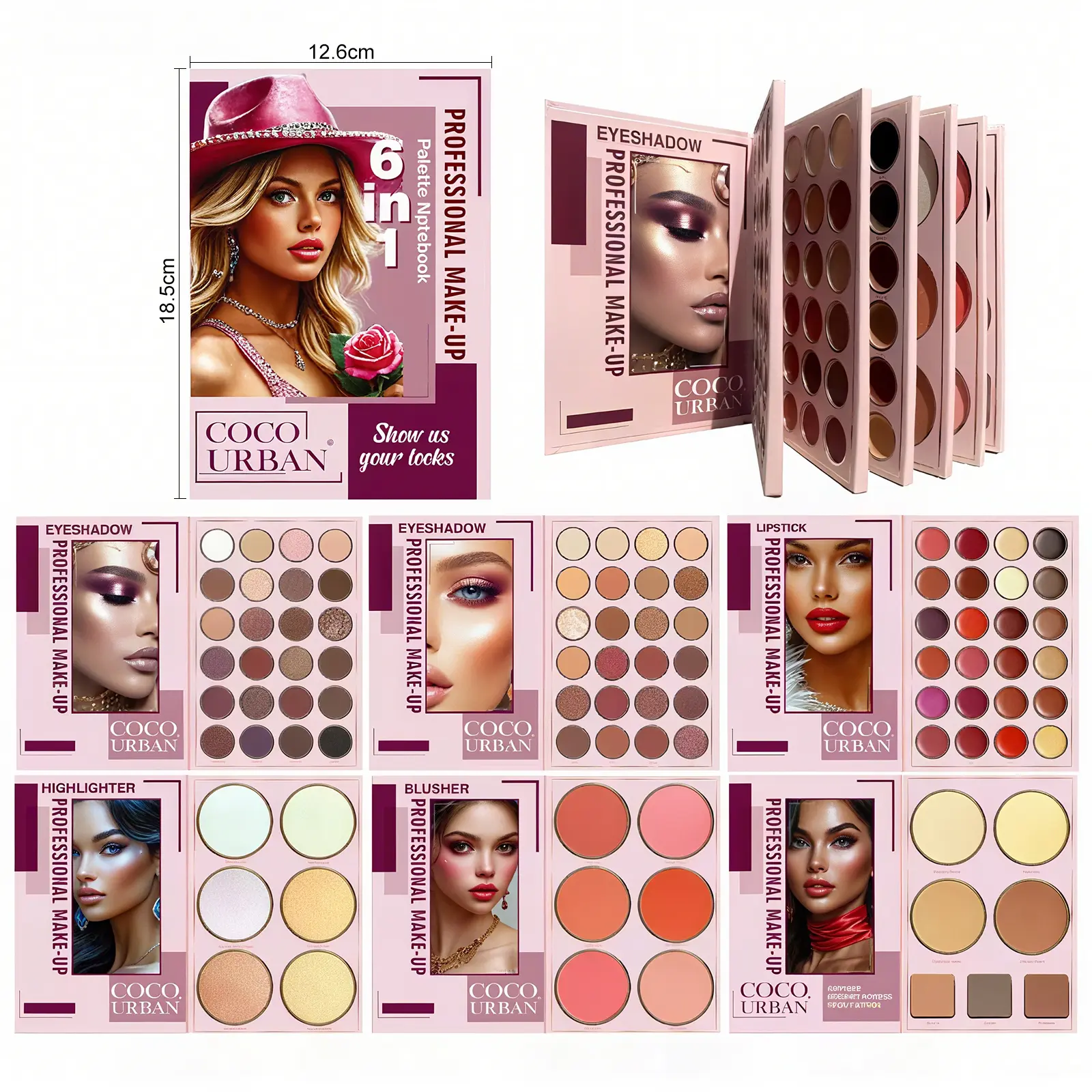 6-in-1 professional makeup plate, one book=5 eye shadow plates+high light+powder blusher luggage cases directly save space! Essential artifact for travel bloggers