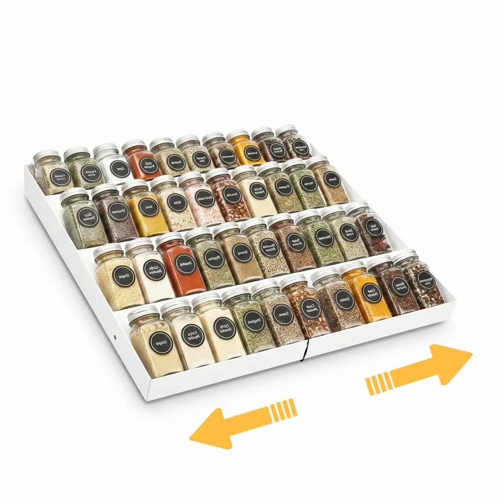 White Expandable Plastic Spice Drawer Organizer - 4-Tier Metal Rack, Expands from 11.4" to 22.8", 48 Jars Fit, Fits Most Kitchen Drawers, Fits Most Drawers