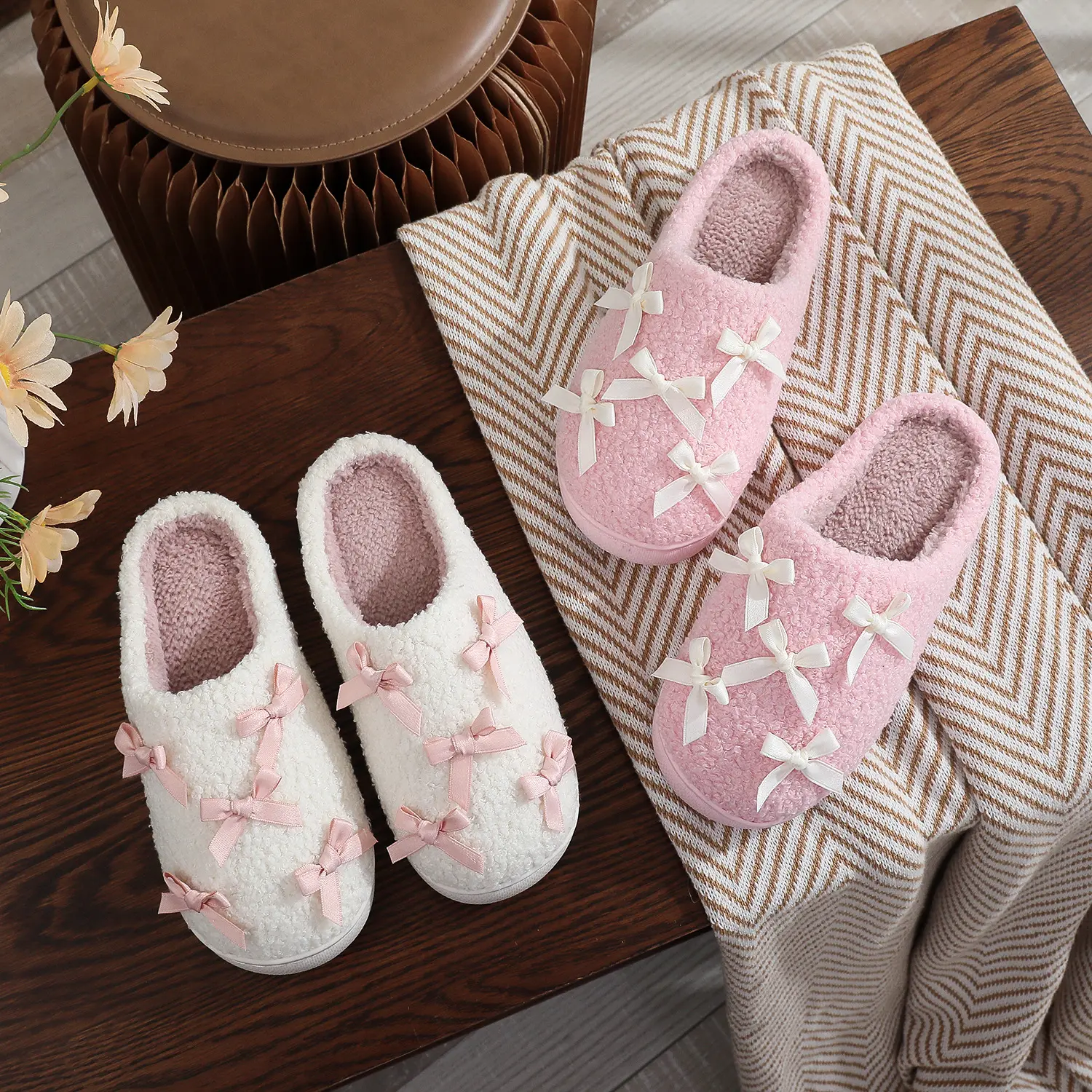 Women's Cotton Plush Bowknot Memory Foam Home Slippers - Fuzzy House Shoes, Cozy Toasty Indoor Footwear, Casual Bow Feels Home-Ready