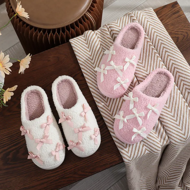 Slippers for Women Cotton Plush Soft Bowknot Memory Foam House Shoes Comfortable & Cozy Indoor Footwear