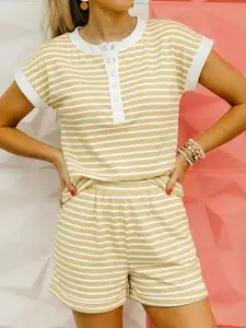 Fisoew Womens Striped 2 Piece Outfits Casual Button Henley Shirts Tops Loose Workout Shorts Matching Lounge Sets