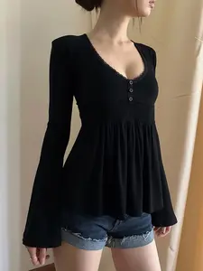 Women's Vintage Lace Patchwork V-Neck High Waist Long Sleeve Top, Black Versatile Bottom Tee, Fall Casual Wear for Spicy Girls