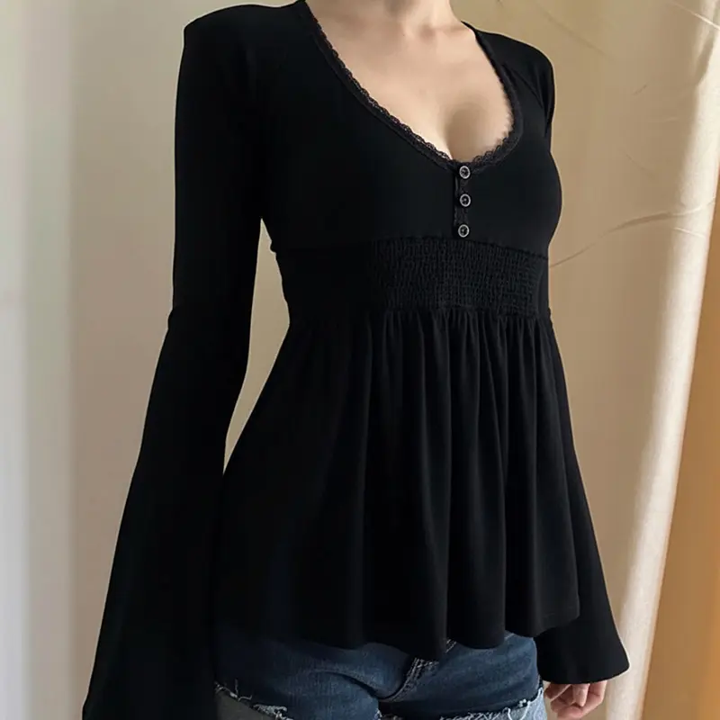 Women's Vintage Lace Patchwork V-Neck High Waist Long Sleeve Fitted Top, Black Versatile Bottom Tee, Fall Casual Elegant Wear for Spicy Girls, Womenswear