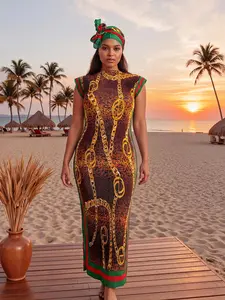 Elegant Chain Design Slim-Fitting Moo Moo Maxi Dress with Wrap Shawl and Long Beach Scarf, Womenswear, Perfect for Fall & Winter Style