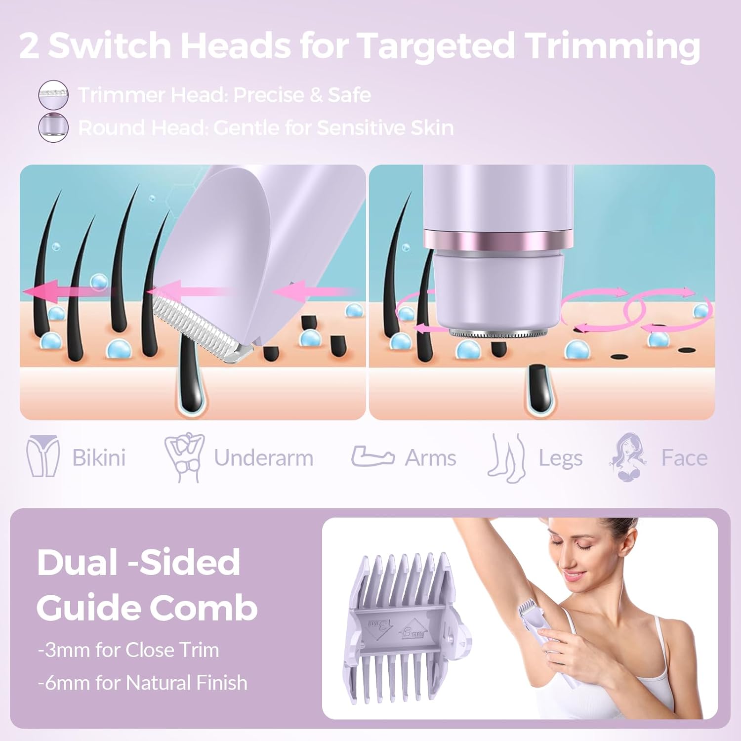 Women's 2-in-1 Electric Bikini Trimmer & Body Shaver - Dual Head Hair Removal Tool, Waterproof Rechargeable Wet & Dry Razor for Body and Facial Hair, Double-Ended Trimmer Shaver, Personal Grooming Essential