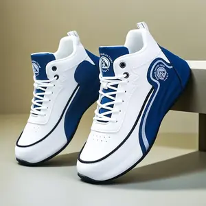 Men's Fashion Sports Sneakers White Navy Blue Lace-up Design Waterproof PU Upper Dirt-resistant Durable PVC Sole Non-slip Lightweight Soft Walking Shoes for Daily Wear Gym Fitness Outdoor Travel Stylish Men Young Boys Shoes