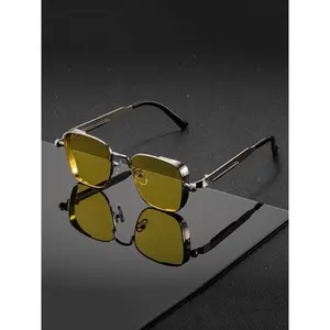 Men's Vintage Rectangular Polarized Sunglasses Industrial Metal Frame Flexible Engraved Hinges High Quality Retro Aesthetic Decorative Lenses All-Season Use