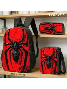 3pcs AIKY Red & Black Spider-Themed Backpack, Crossbody Bag & Pouch Suitable for Daily Commute, Travel, Parties, Bold Black-Red Design with Spider Graphics, Hand Washable for, Outdoor, Casual Outfits