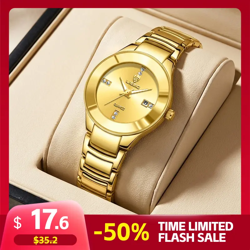 LIEBIG Couple Watch Set - Luxury Gold-Tone Round Face Analog Quartz Wristwatches, Gold-Covered, Bracelet-Style, Classical, Alloy, 30M-50M Resistant, Fashion Accessories for Couples, Romantic Gift, Gold-Covered Quartz Watches, Bracelet-Style Quartz Watches