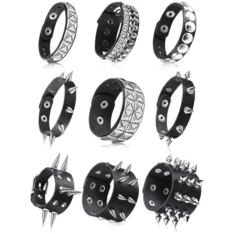 9PCS Spiked Studded Bracelet Black Leather Rivet Punk Bracelet Y2k Cuff Wrap Bangle Snap Button Wristband Men Women