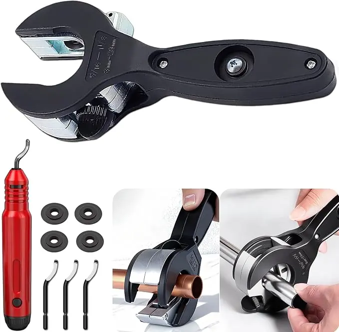 Ratcheting Tubing Cutter, Copper Pipe Cutter 5/16"–1 1/8", 360° Close Quarters Compact Tube Cutter with Deburring Tool for Copper, PEX & Metal Pipes