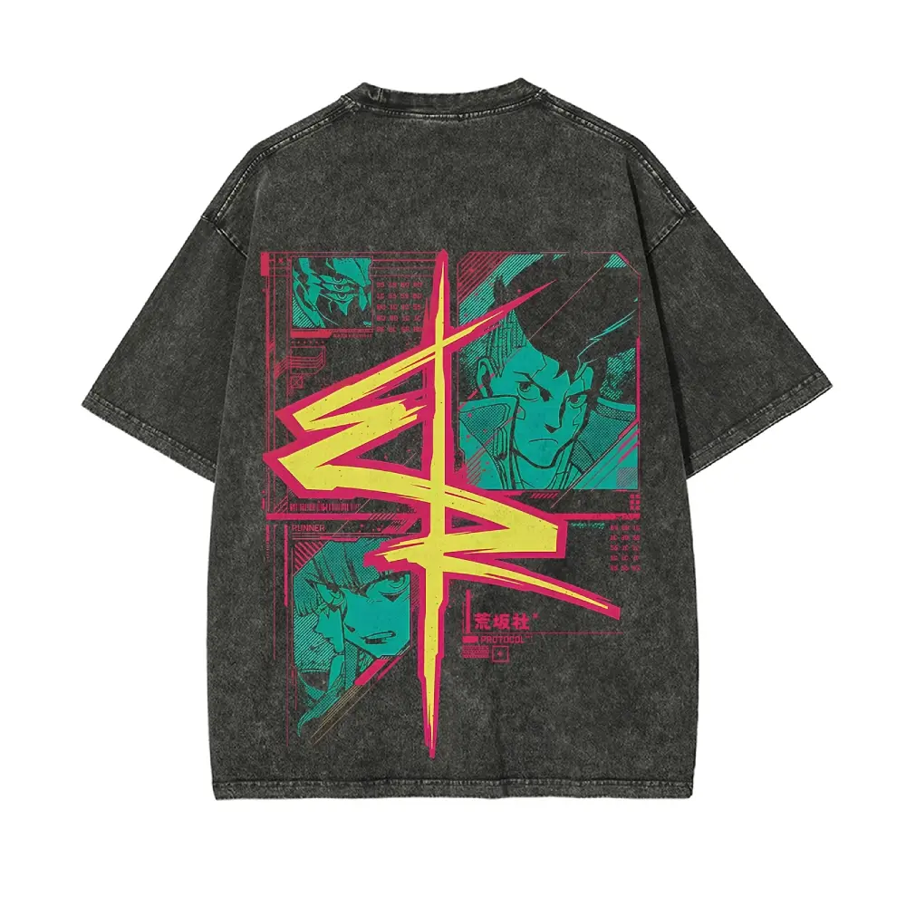 Cyberpunk Edgerunners David Lucy Graphic Oversized Unisex Short-Sleeve Washed Batik Cotton Casual Fabric T-Shirt, Super Soft Pre-Shrunk Menswear Streetwear Top, Shortsleeve