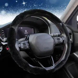 Fluffy Wool Sheepskin Fuzzy Black Car Steering Wheel Cover for Universal Auto Steering Wheel 14 1/2-15 1/2inch, Anti-Slip, Soft Plush, Comforting and Luxurious, Soft Texture (Black)