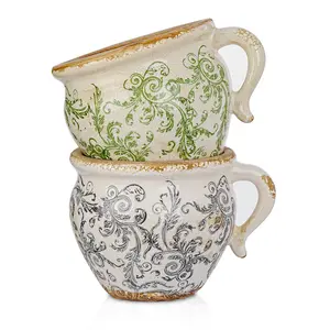 Sungmor Set of 2 Vintage Ceramic Planters with Handle - Rustic Crackle Glaze Flower Pots with Scroll Design, Drainage Hole Indoor Outdoor Decorative Plant Containers, Tuscan Decor Pots