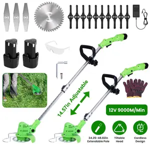 200W Cordless String Trimmer & Edger, 2Pcs 1200mAh Battery Weed Wacker with 3 Types Blades, Adjustable Length & Angle (34.25"-48.82"), Lightweight Lawn Trimmer for Yard Garden Farm Bush Cutting
