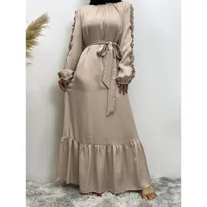 Women’s plain A-line dress with frill trim, belted waist, and ruffle hem; modest long dress with bishop sleeves and a keyhole neckline for parties and wedding guests; ladies’ summer clothing