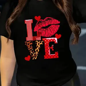 Women'S Casual Crew Neck TShirt with Leopard Print Heart  Lips LOVE Graphic, Short Sleeve,Regular Fit, SpringSummerFall Top