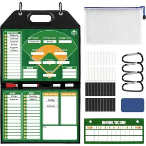 Magnetic Baseball Lineup Board for Dugout Leather Cover Foldable Coaching Board for Baseball & Softball with Carry Handle Includes 40 Lineup Cards Scoreboard 2 Markers Eraser 4 Carabiners & Bag