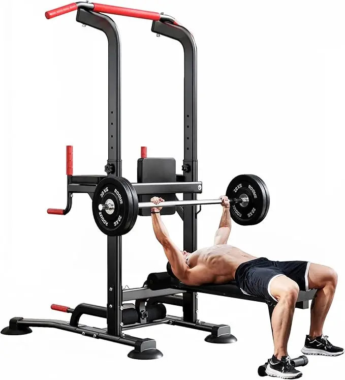 Dland 330LBS Heavy Duty Power Tower – Foldable Pull Up Bar & Dip Station, Adjustable Bench, Home Gym Equipment for Men & Women – Supports Barbell Rack, Kettlebells, Bench Press