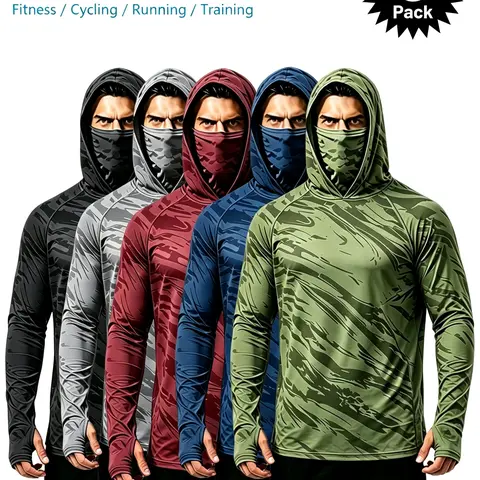 Men's 5-Pack 100% Polyester Slim Compression Casual Sport Hoodie Shirts - Built-in Full Head Cover Mask, Moisture-Wicking, Transpirable, Long-Sleeve, Sun Protection, Activewear, Sweat Protection Men's Tops for Gym, Running, Activewear Men's Long-Sleeve T-