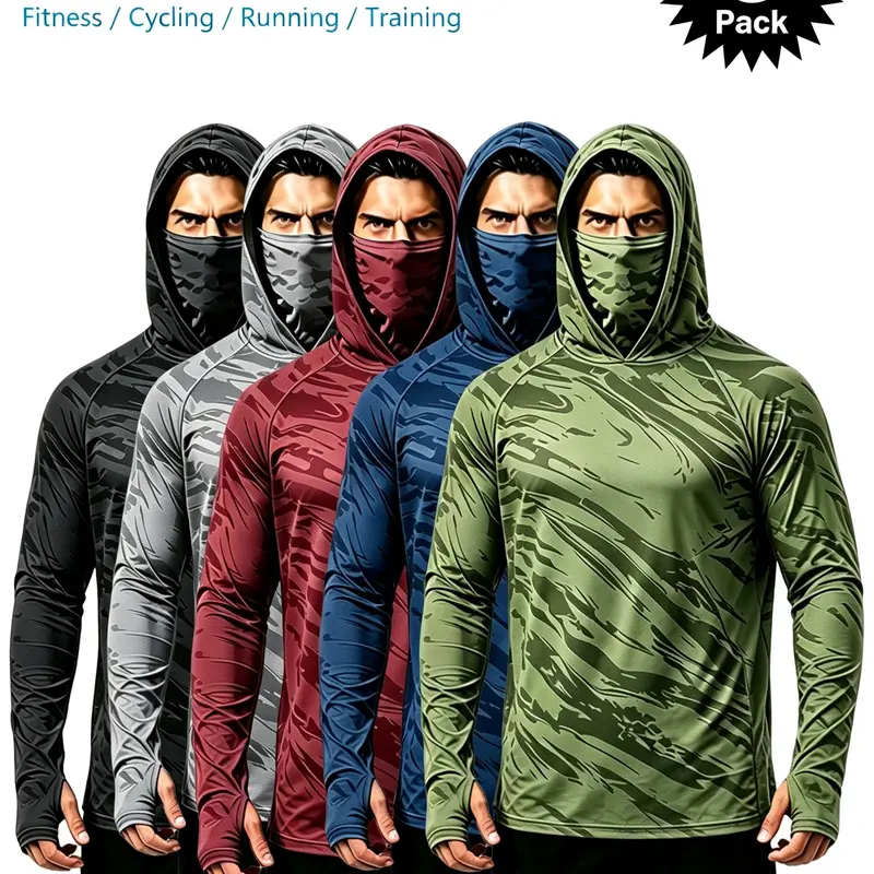 Men's 5-Pack 100% Polyester Slim Compression Casual Sport Hoodie Shirts - Built-in Full Head Cover Mask, Moisture-Wicking, Transpirable, Long-Sleeve, Sun Protection, Activewear, Sweat Protection Men's Tops for Gym, Running, Activewear Men's Long-Sleeve T-