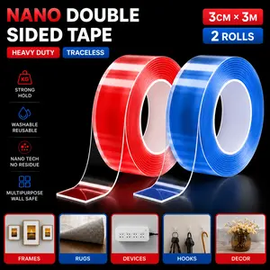 Strong Double Side Stick Transparent Nano Tape Washable Reusable Double-Sided Nano Tape Adhesive No Trace Paste Removable Glue Cleanable Household High Temperature & Solvent-Resistant for DIY & Home Decor