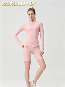 ROROLEMON Women's Athletic Set – Long Sleeve Zip Jacket with Thumbholes and 5 Inch Shorts