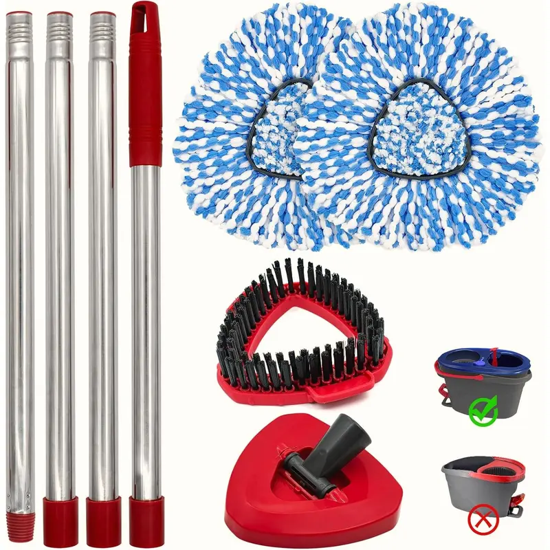 Replacements Spin Mop Combo – 2 Microfiber Heads + Scrubber Brush & Triangle Base for O‑Cedar RinseClean 2‑Tank (Mop Handle Included)