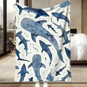 Watercolor Shark & Whale Shark Throw Blanket, Blue Ocean Pattern, Ultra Soft Flannel, Cozy Blanket for Shark Lovers, Great Gift for Ocean Enthusiasts