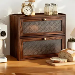 Vintage Bread Box for Countertop Retro Wooden Bread Box 2 Layer Breadbox Holder Large Capacity Container Bin for(Brown,14.4 x 13.4 x 9.4 Inches,Rectangle)