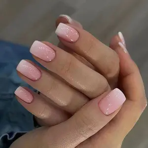 24pcs Clear Nude Gradient Nail Art Set, Glittering Fake Nails, Silver Color Glitter, Soft Light Filter, Short Square Nails, Versatile and Elegant
