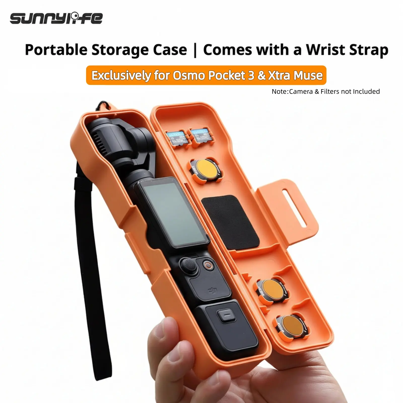 Slim Hard Shell Storage Case for DJI Osmo Pocket 3 & Xtra Muse, Flip Cover Protective Carrying Case with Lens Filter & MicroSD Card Slots, Shockproof Portable with Wrist Strap, Travel Camera Accessory