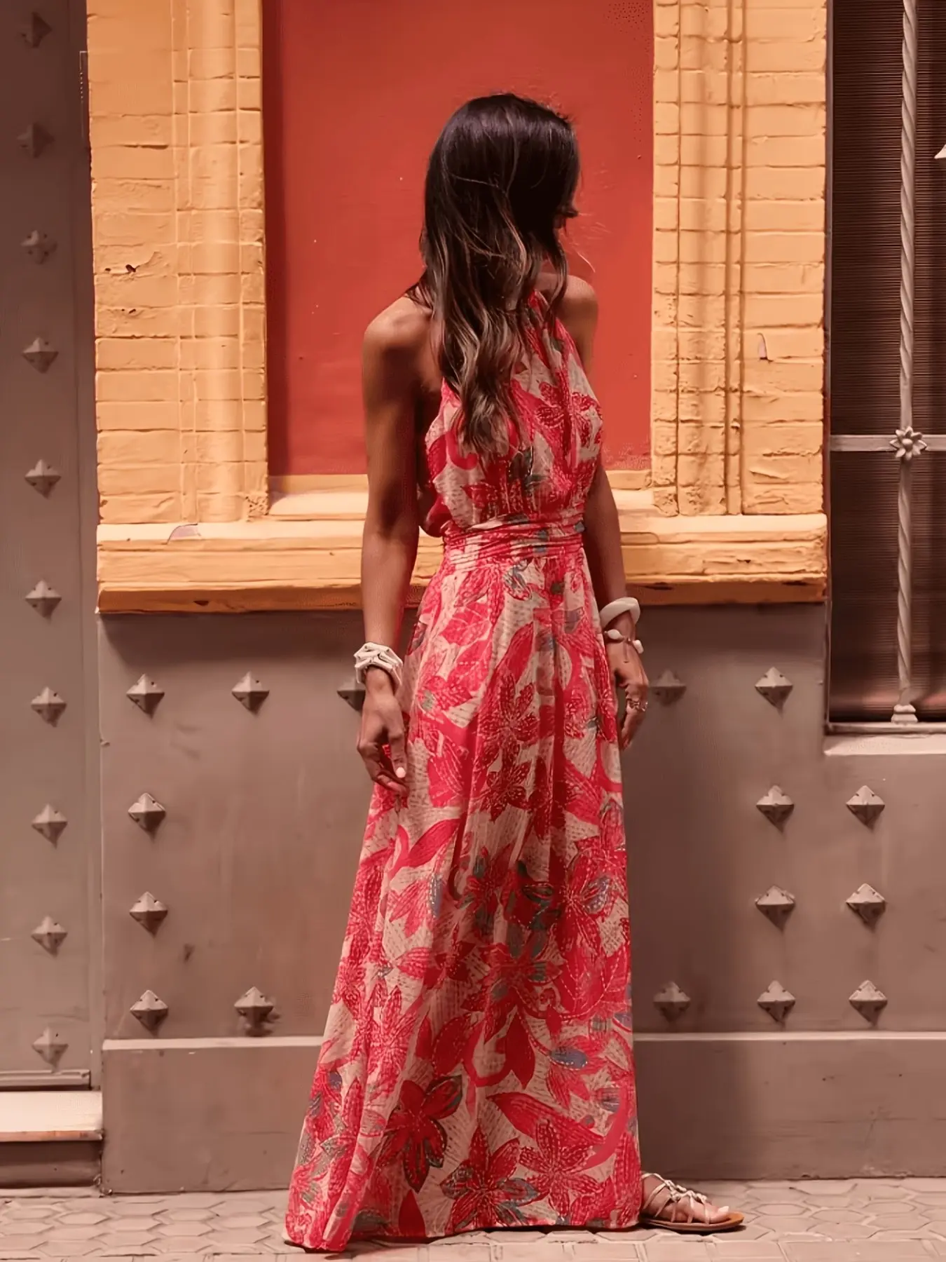 Women's Floral Halter Sleeveless Long Dress, Tropical Boho Style Bohemian Summer Beach Vacation Dress, Perfect for Travel and Outdoor Wear, Boho Flowy Attire