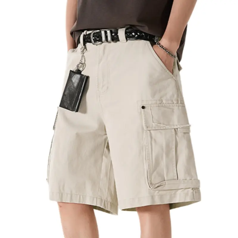 Men's Retro Vibe Distressed H-Type Straight Fit Cargo Shorts - Casual Summer Style, Multiple Pockets, Ripped Above-the-Knee Design
