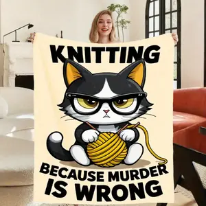 Cozy Cat & Yarn Ball Flannel Blanket Funny Design with Glasses Cat Retro Plaid Pattern Soft Warm All Season Throw for Bed Sofa Car Machine Washable Multi Color Options for Lovers Cat Enthusiasts