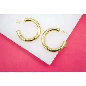 18K Gold Filled 6mm Thick Open Hoop Stud Hoops Earrings