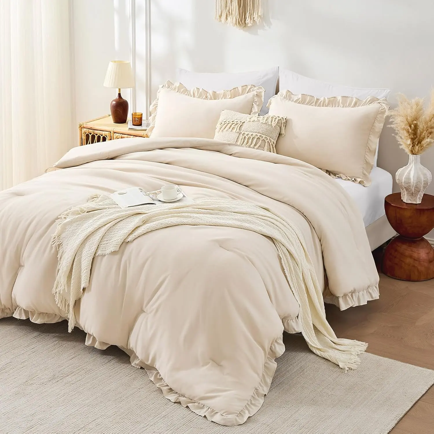 Queen Comforter Set Beige 3 Pieces, Ruffle Queen Bed Set, Lightweight Soft Bed in a Bag Queen for All, Farmhouse Bedding Comforter Sets(1 Comforter & 2 Pillowshams)