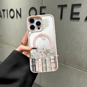 Soft Girl Magnetic Phone Case for iPhone Samsung Galaxy 17Pro Max Air 16 15Plus 14 13 12 11 XR XS S25 S24 S23 S22 Floral Bookshelf Lightweight, Drop-Proof, MagSafe Compatible | Perfect for Teen Girls.NN90