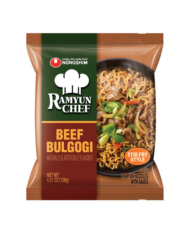 Nongshim Ramyun Chef Korean Beef Bulgogi Instant Stir Fry Ramyun Noodle Food 16 Pack 4x4 Sweet Savory Soy Sauce Base with Bok Choy & Carrot Flakes
