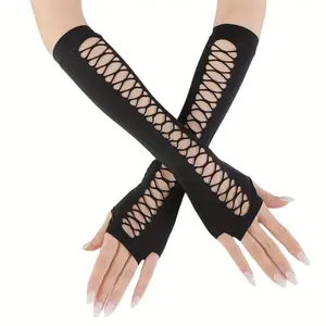 [Long Sleeves Steampunk Fingerless Gloves] Ripped Out Fingerless Gloves For Women Gothic Black Decorative Long Sleeves Steampunk Accessories