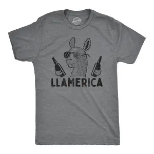 Mens Llamerica T Shirt Funny 4th Of July Patriotic Beer Drinking Llama Graphic Novelty Party Tee Mens Funny T Shirts Cool Vintage Fashion T-Shirt Gift Classic Menswear Patriotic Apparel for Men Funny Animal Dark Grey