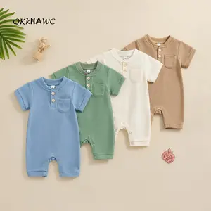 Baby Boy Jumpsuit Summer Short Sleeve Solid Color Button Romper Newborn Waffle Playsuit