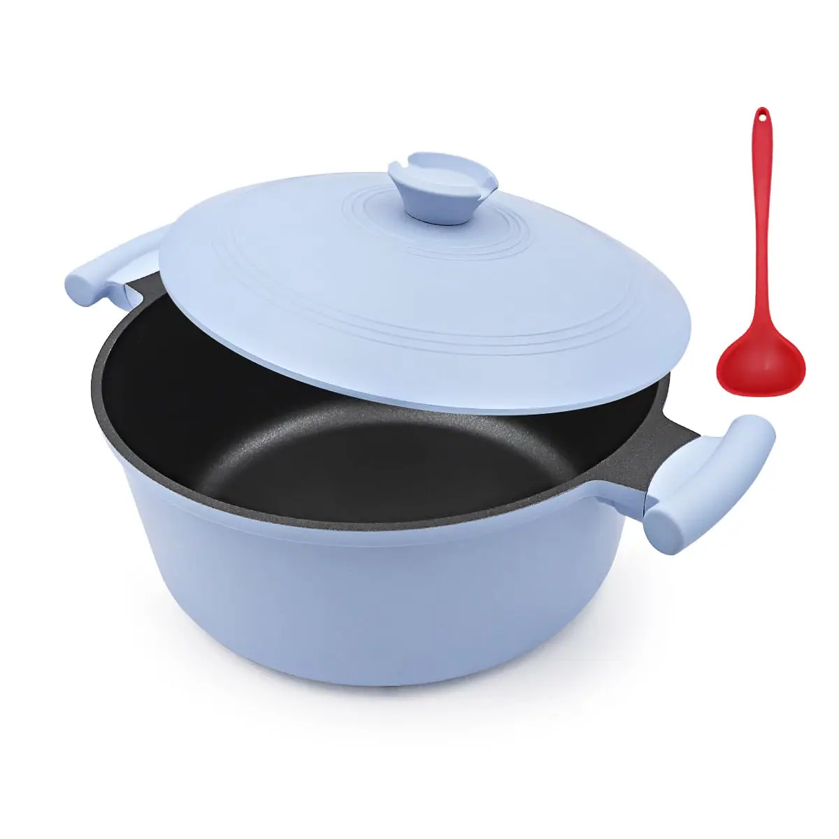 WENZHUO 5 Qt Kitchen Dutch Oven Braiser - Lightweight Smooth Thermal Nonstick Aluminium Pot, Stainless Steel Accents, Lid, Stay-Cool Handle, Induction-Ready, All-Stove Compatible, PFOA-Free Blue Cookware for Stews, One Pot Meals