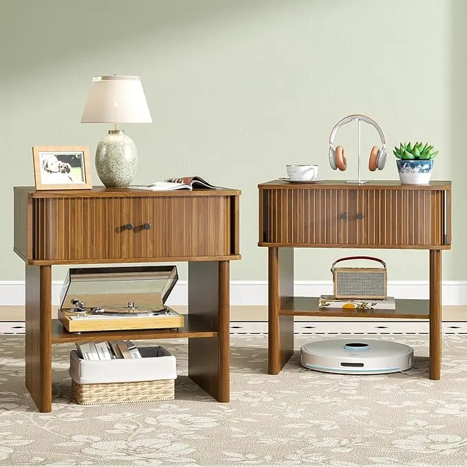 Fluted End Table, Walnut Nightstand with Sliding Doors, Wooden Bedside Table with Storage Cabinet, Side Table for Bedroom & Living Room Nightstands With Drawer Modern Wood Table
