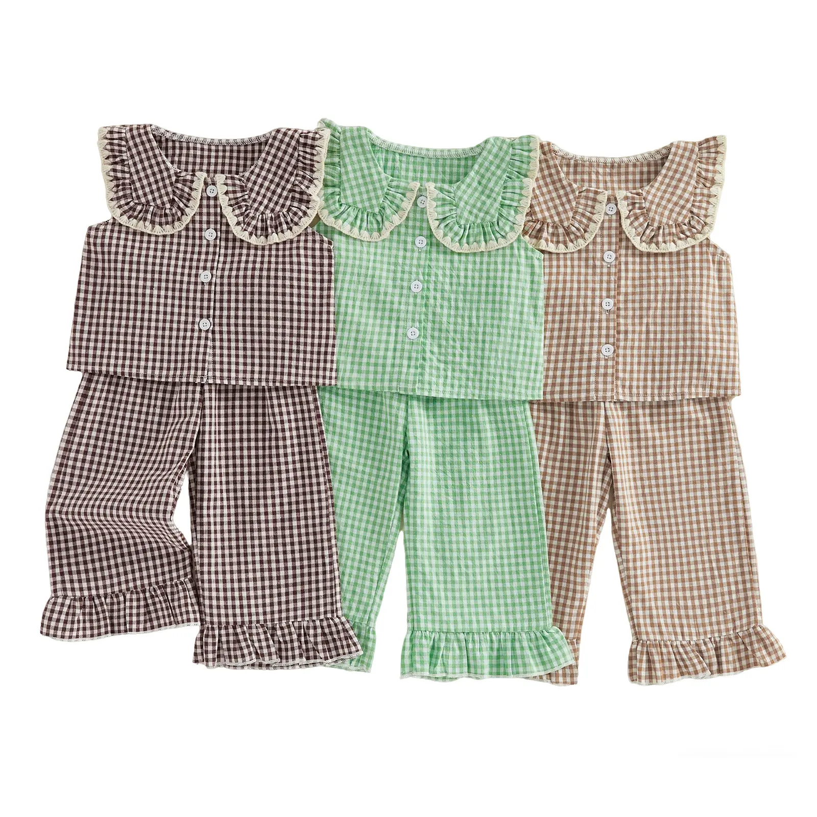 Toddler Baby Little Girls Summer Outfits Sleeveless Doll Collar Plaid Print Vest Tops and Elastic Waist Pants Set 1-5 Years
