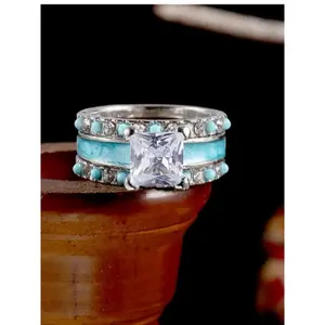 Women's Retro Turquoise & Rhinestone Decor Promise Ring, 2025 Trendy Elegant All-match Dainty Jewelry for Girls Gift, Western Luxury Classic Fashion Accessories for Daily Wear